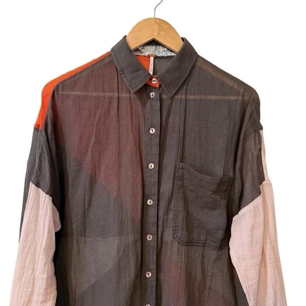 Free People Rainbow Rays Button Up Shirt Size XS Oversized Tunic Boho